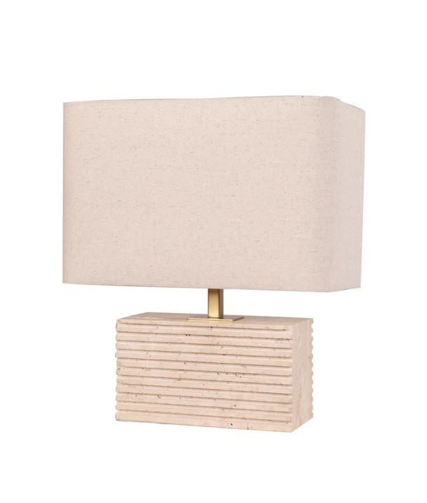SAGITTA: Rectangular Beige Travertine Base Rectangular Fabric Cream Shade Table Lamp