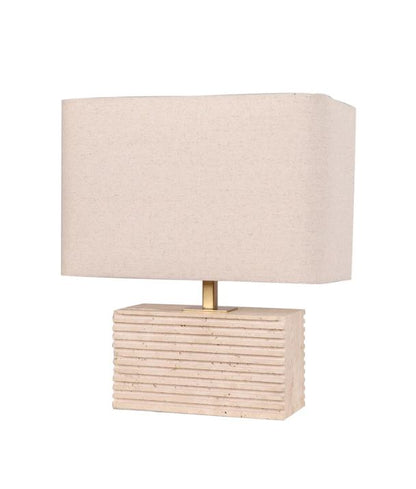 SAGITTA: Rectangular Beige Travertine Base Rectangular Fabric Cream Shade Table Lamp