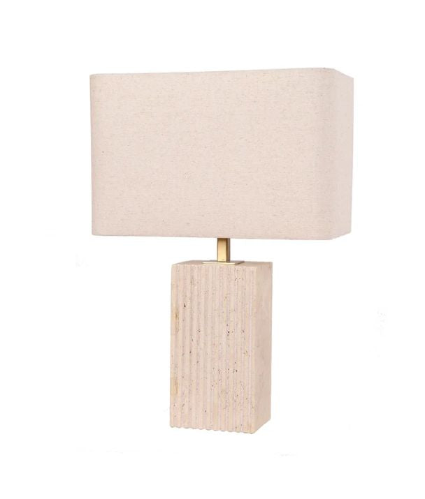 SAGITTA: Beige Travertine Base Rectangular Fabric Cream Shade Table Lamp - Small