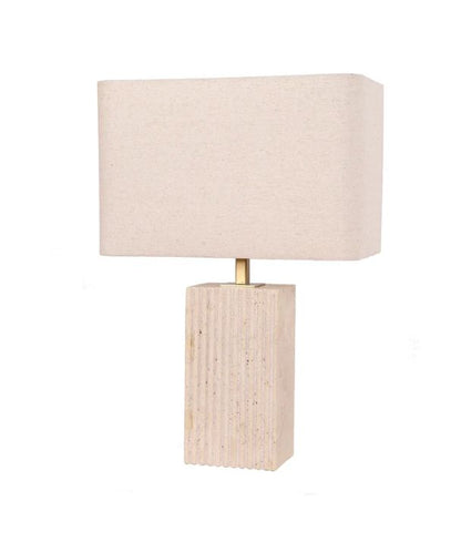 SAGITTA: Beige Travertine Base Rectangular Fabric Cream Shade Table Lamp - Small