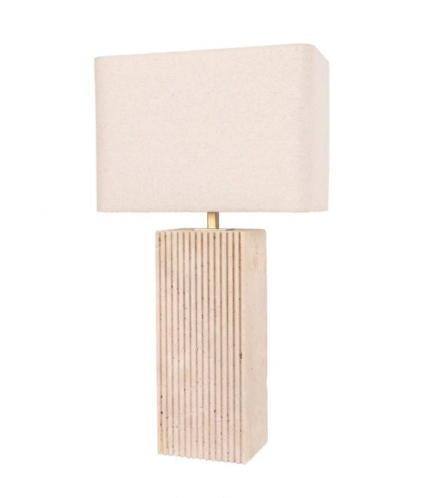 SAGITTA: Beige Travertine Base Rectangular Fabric Cream Shade Table Lamp - Large