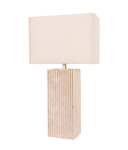 SAGITTA: Beige Travertine Base Rectangular Fabric Cream Shade Table Lamp - Large