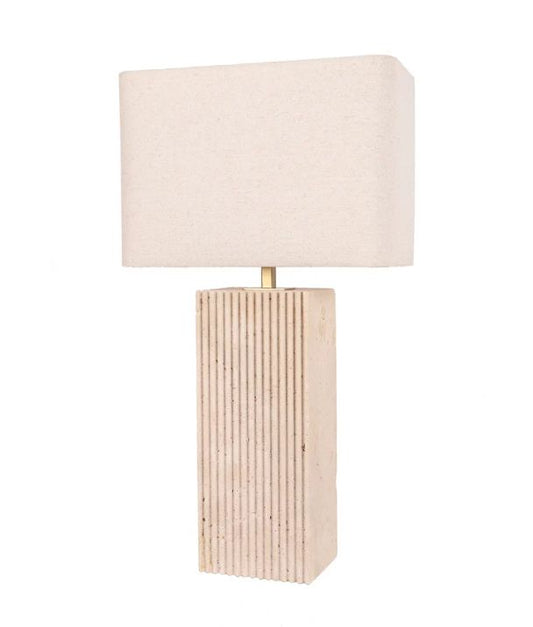 SAGITTA: Beige Travertine Base Rectangular Fabric Cream Shade Table Lamp - Large