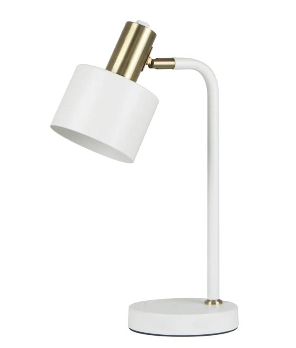 FLOTAR: Interior Cylinder Iron Shade with Antique Brass Highlight Table Lamp - White