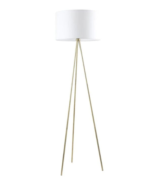 JAMBES: Drum Shade with Antique Brass Tripod Floor Lamp - White