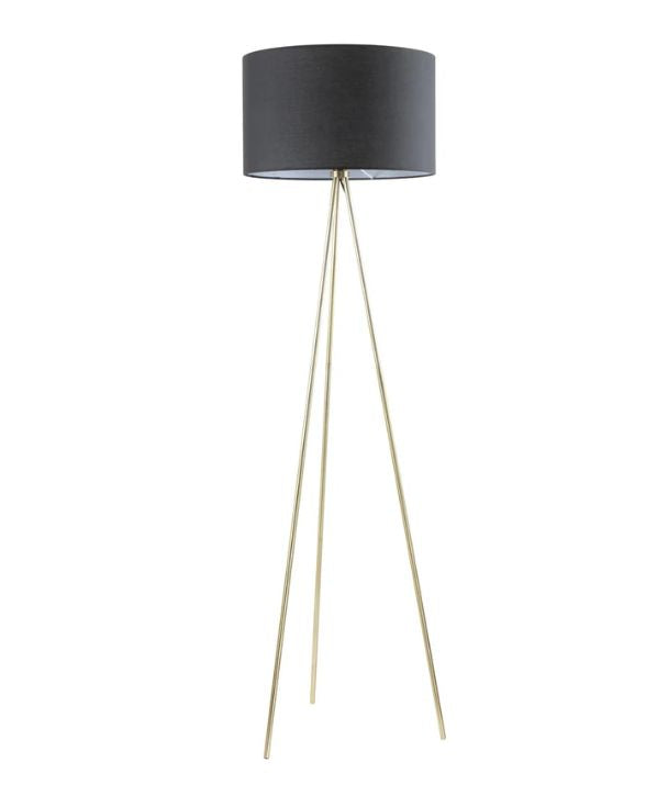 JAMBES: Drum Shade with Antique Brass Tripod Floor Lamp - Black