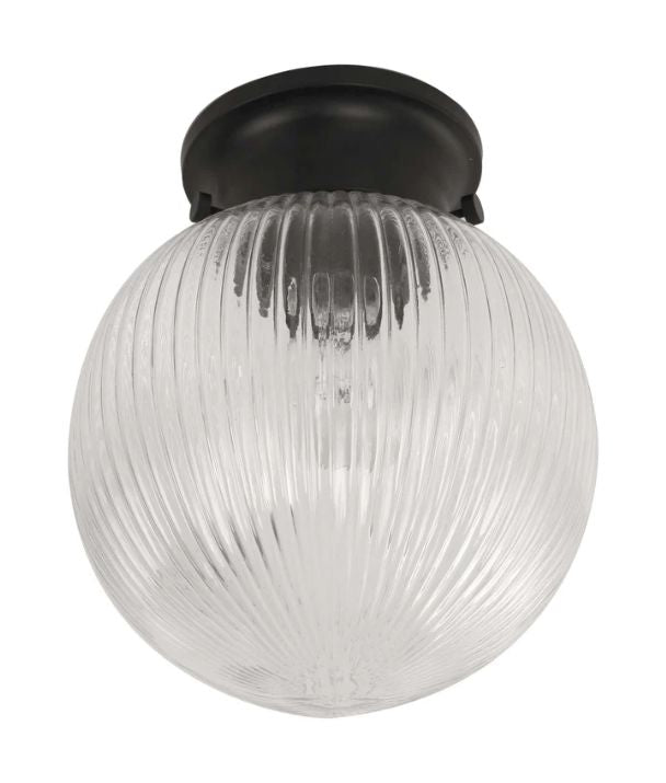D.I.Y. Batten Fix Ceiling Lights - Large Spherical Ribbed Shape Fixtures (Clear Glass & Black Batten)