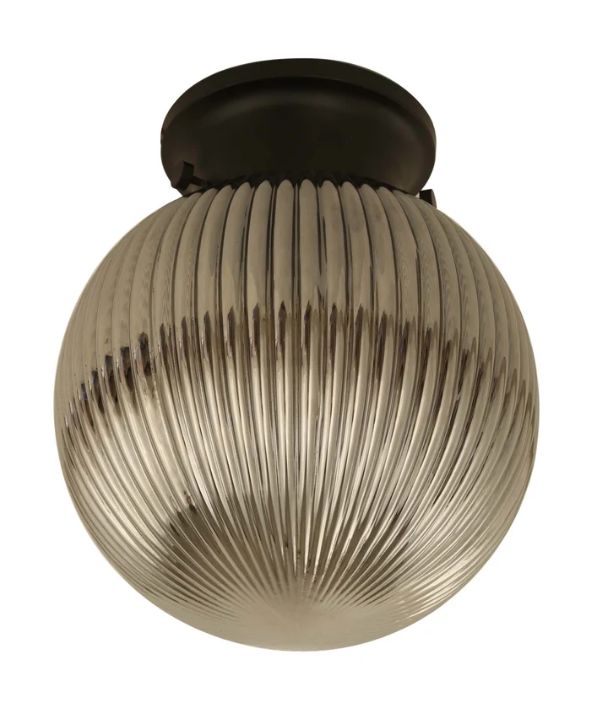 D.I.Y. Batten Fix Ceiling Lights - Large Spherical Ribbed Shape Fixtures (Smokey Black Glass & Black Batten)