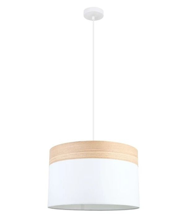 TAMBURA05: Scandinavian Large Drum Cloth Shade with Wood Veneer Trim Pendant Lights- White