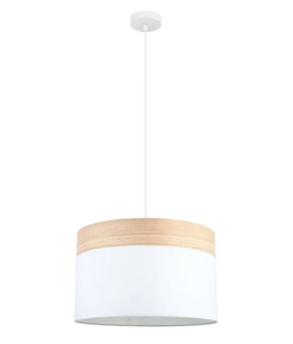 TAMBURA05: Scandinavian Large Drum Cloth Shade with Wood Veneer Trim Pendant Lights- White