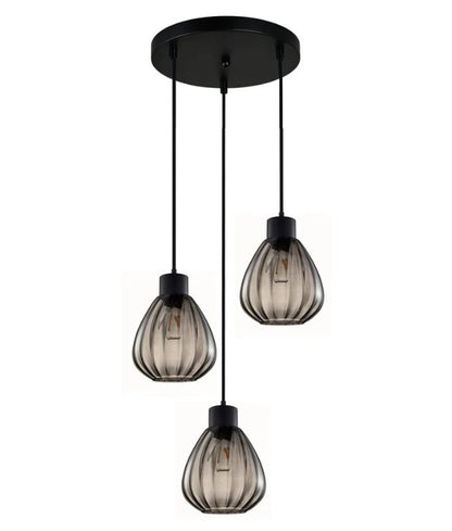 TULIP1X3R: Interior Smokey Black Wine Glass Ribbed Multiple Round Base Pendant Light