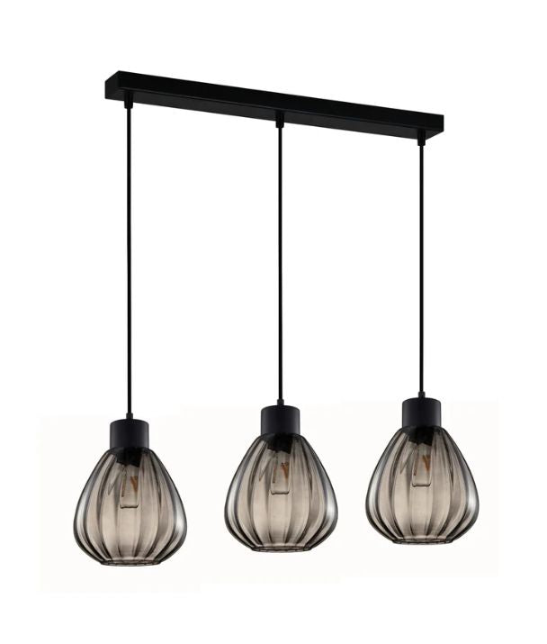 TULIP1X3S: Interior Smokey Black Wine Glass Ribbed Multiple Bar Base Pendant Light