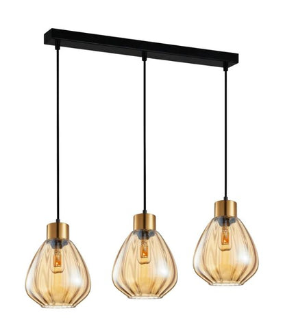 TULIP1X3S: Interior Bronze Amber Wine Glass Ribbed Multiple Bar Base Pendant Light