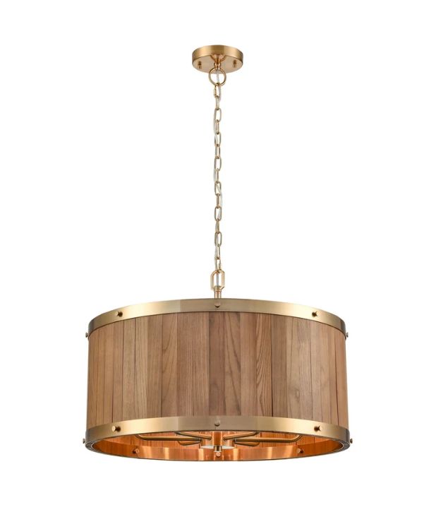 BARRIQUE: Retro Interior Large Drum Medium Oak Wood Pendant Lights