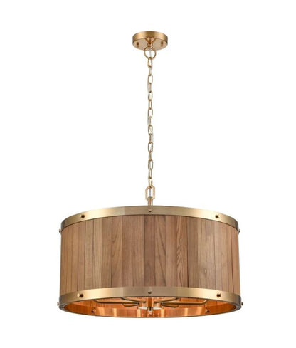 BARRIQUE: Retro Interior Large Drum Medium Oak Wood Pendant Lights