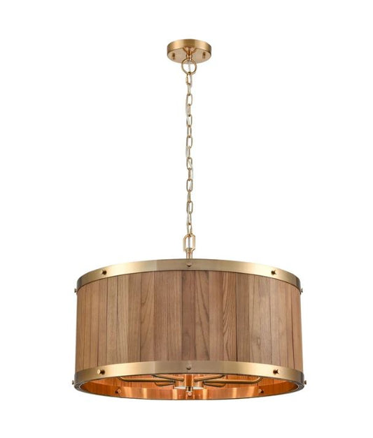 BARRIQUE: Retro Interior Large Drum Medium Oak Wood Pendant Lights