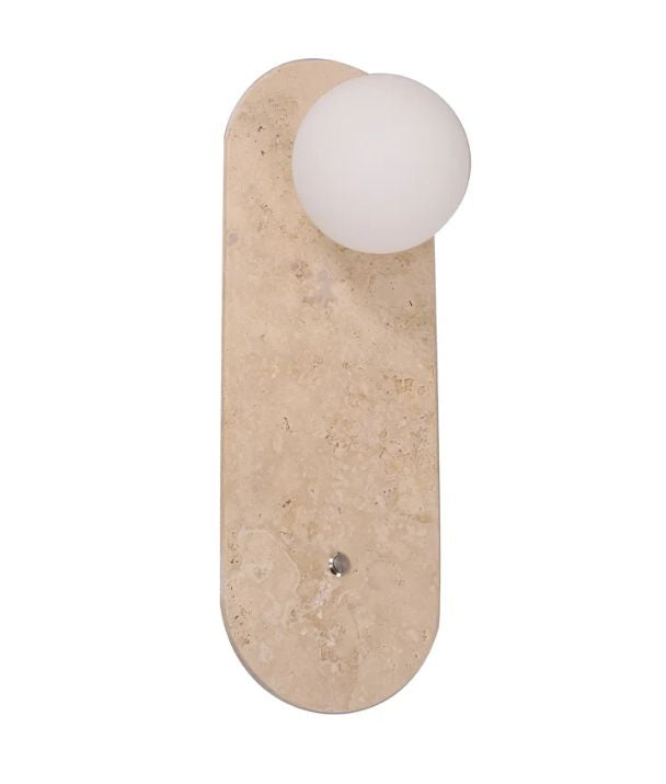 POI: Interior Oblong Travertine Base with Beige Finish & Round Opal Diffuser Wall Light