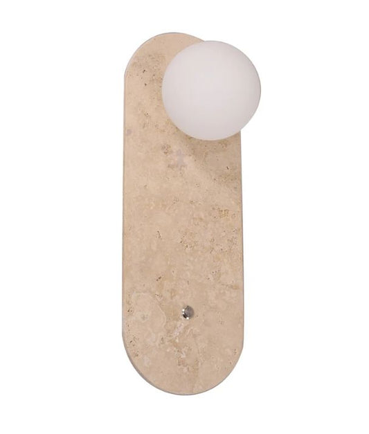 POI: Interior Oblong Travertine Base with Beige Finish & Round Opal Diffuser Wall Light
