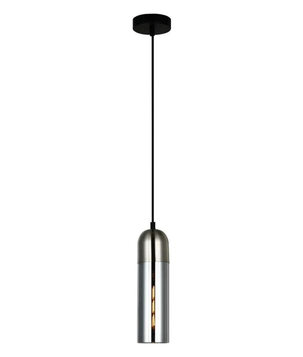PASTILLE: Interior Round Top Cylinder Glass Smokey Black glass satin chrome highlight Pendant Light