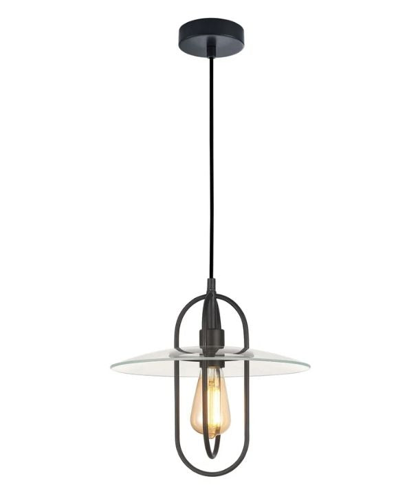 PAPILLON: Interior Oblong Iron with Glass Coolie Pendant Lights - Matte Black