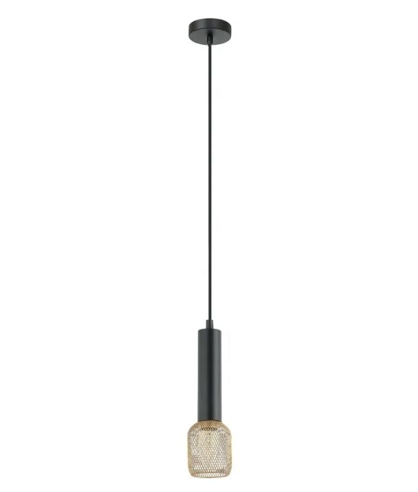 MIKRO: Modern Karaoke Matte Black Mic Shape Interior Cylinder & Brass Mesh Pendant Light