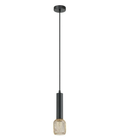 MIKRO: Modern Karaoke Matte Black Mic Shape Interior Cylinder & Brass Mesh Pendant Light