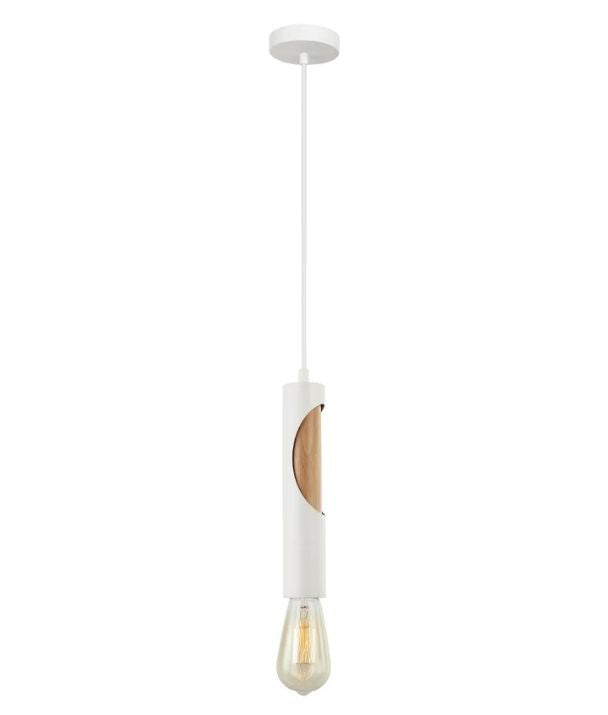 IDA: Interior Iron & Blonde Wood Tube Pendant Light - Matte White