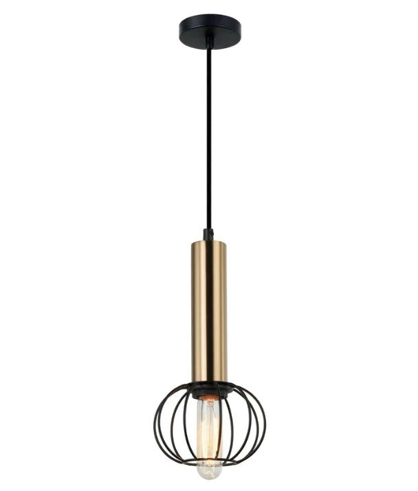CORAZON: Interior Antique Brass and Matte Black Round Cage Pendant Light