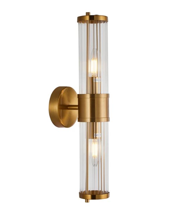 TIEMPO: Interior Up/Down Tubular Clear Glass Wall Light - Antique Brass