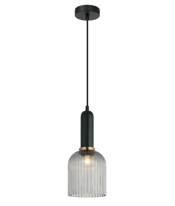 VINTAJ: Retro Interior Ellipse Shape Ribbed Glass Pendant Lights - Smokey Black