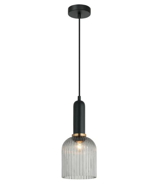 VINTAJ: Retro Interior Ellipse Shape Ribbed Glass Pendant Lights - Smokey Black
