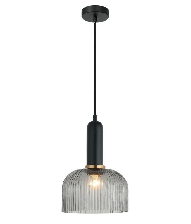 VINTAJ: Retro Interior Dome Shape Ribbed Glass Pendant Lights - Smokey Black