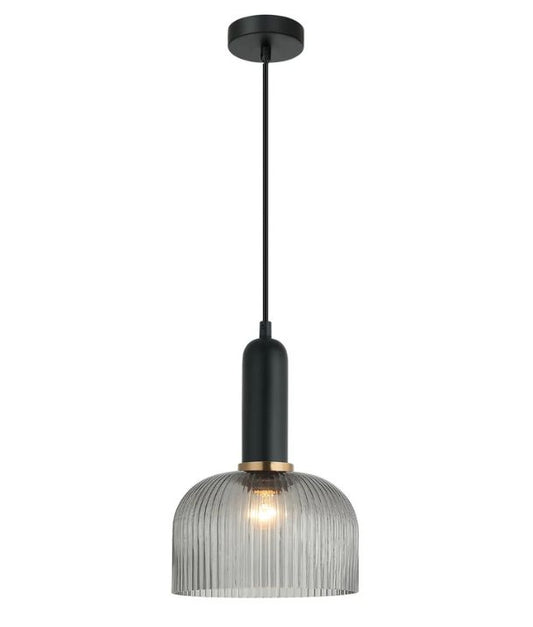 VINTAJ: Retro Interior Dome Shape Ribbed Glass Pendant Lights - Smokey Black