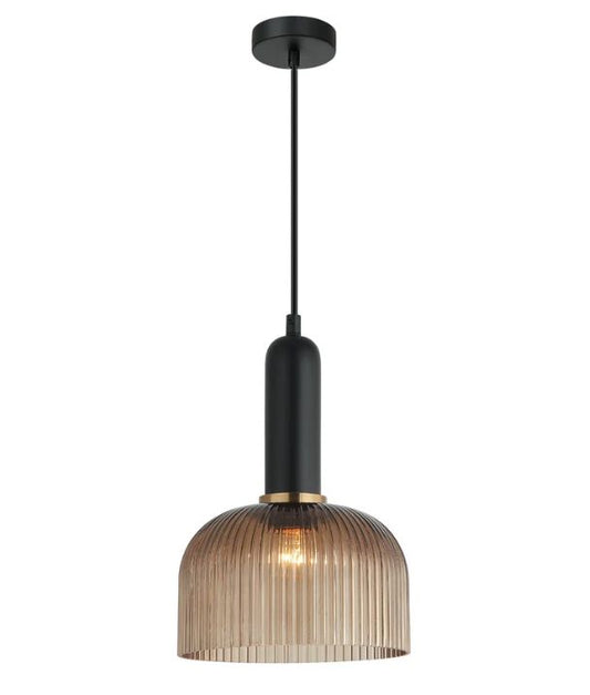 VINTAJ: Retro Interior Dome Shape Ribbed Glass Pendant Lights - Amber