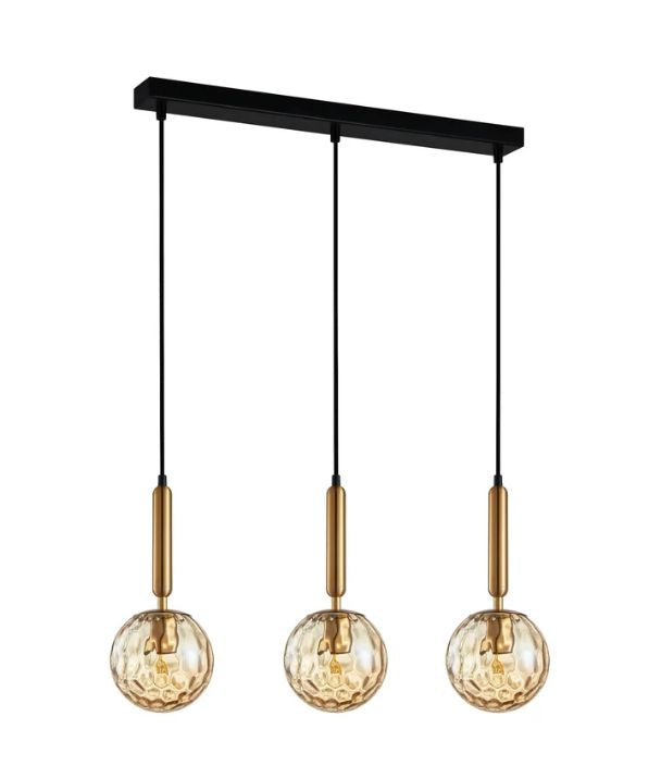 TRATTINO1X3S: Interior Bronze Amber Spherical Glass Multiple Bar Base Pendant Light