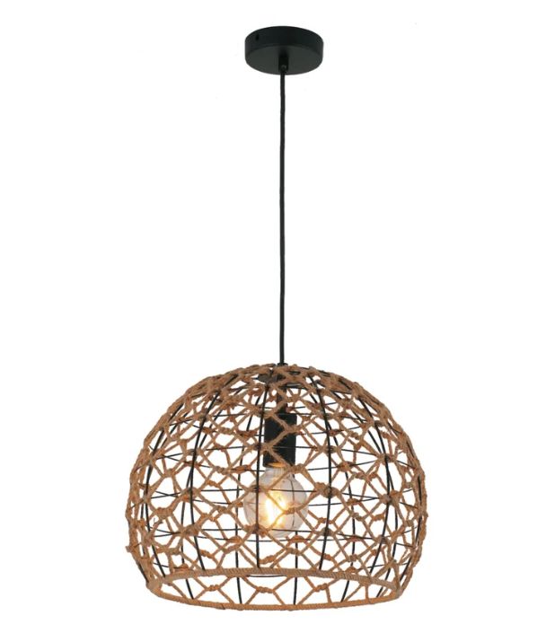 CANAMO: Bohemian Interior Natural Hemp Rope &amp; Black Hardware Dome Pendant Light