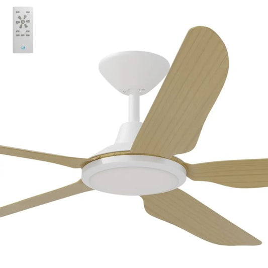 Calibo Storm 56" (1430mm) 5 Blade 18W Tricolour LED Light Indoor/Outdoor DC Ceiling Fan & Remote - White & Bamboo