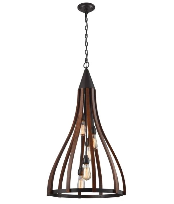 KHALEESI: Medieval Style Rustic Oak Dark Red Wood Large Bell Pendants Light