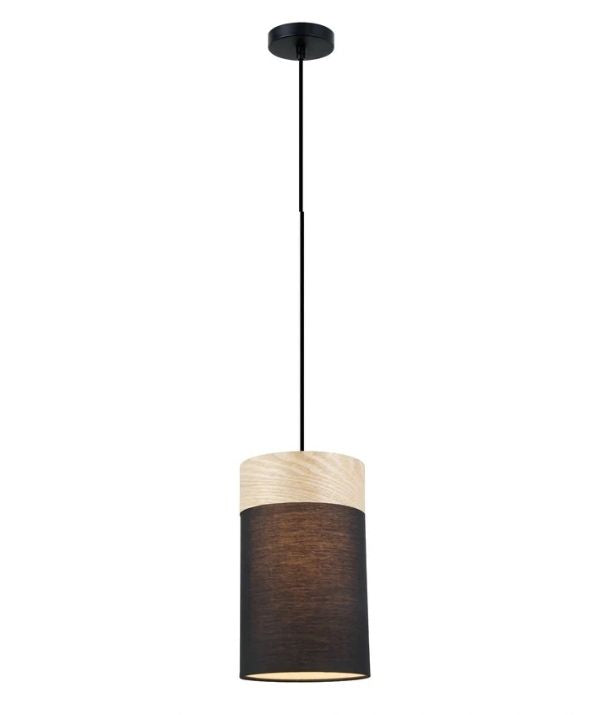 TAMBURA: Scandinavian Small Round Cloth Shade with Wood Veneer Trim Pendant Light - Black
