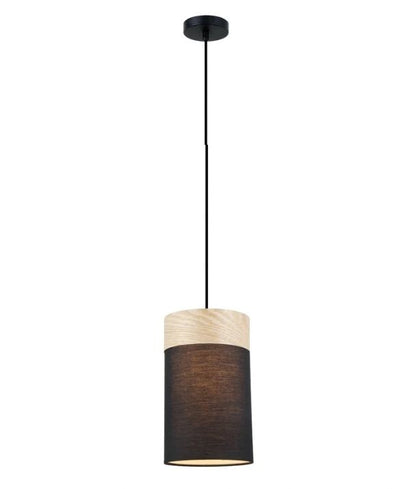 TAMBURA: Scandinavian Small Round Cloth Shade with Wood Veneer Trim Pendant Light - Black