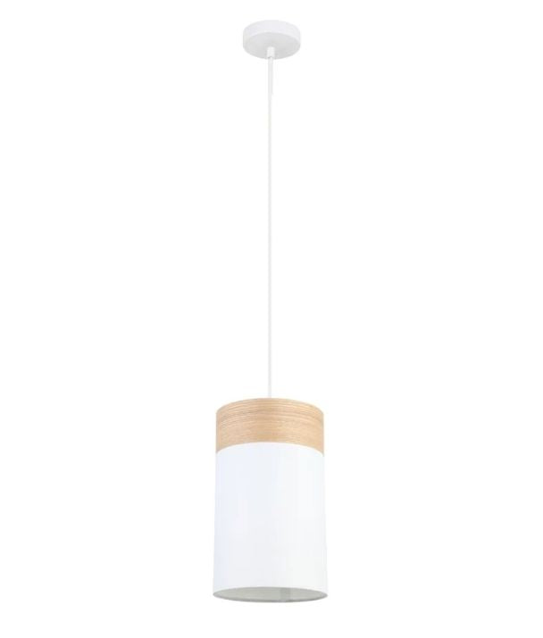 TAMBURA: Scandinavian Small Round Cloth Shade with Wood Veneer Trim Pendant Light - White