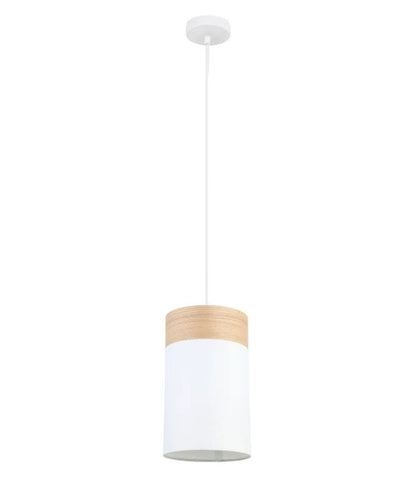 TAMBURA: Scandinavian Small Round Cloth Shade with Wood Veneer Trim Pendant Light - White