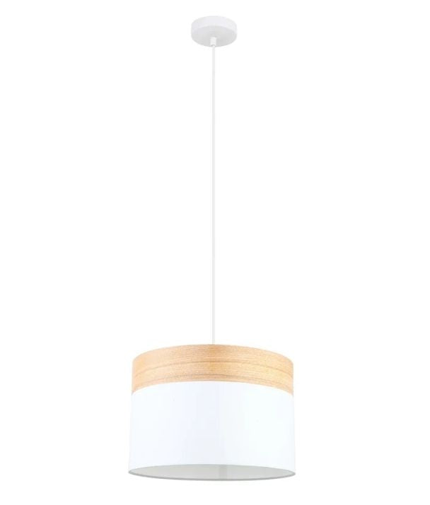 TAMBURA: Scandinavian Medium Drum Cloth Shade with Wood Veneer Trim Pendant Light - White