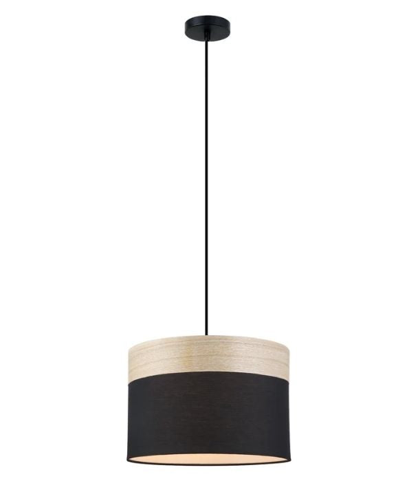 TAMBURA: Scandinavian Medium Drum Cloth Shade with Wood Veneer Trim Pendant Light - Black