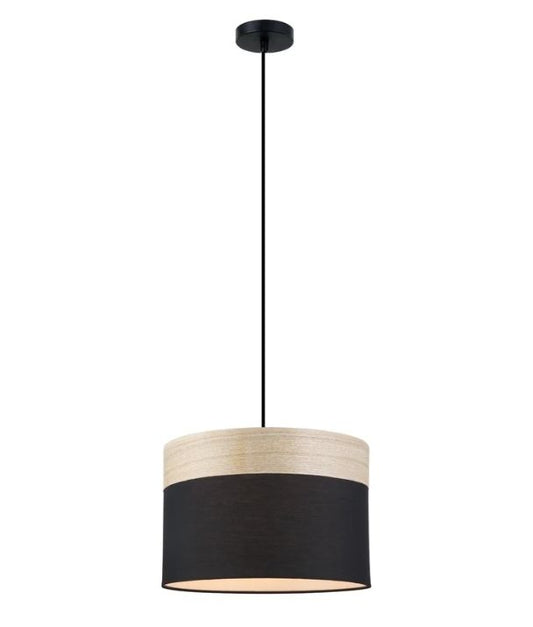 TAMBURA: Scandinavian Medium Drum Cloth Shade with Wood Veneer Trim Pendant Light - Black