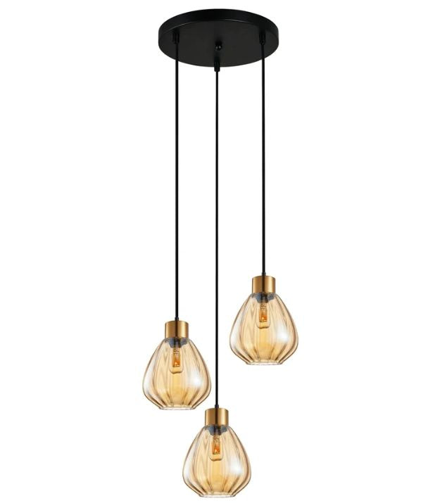 TULIP1X3R: Interior Bronze Amber Wine Glass Ribbed Multiple Round Base Pendant Light