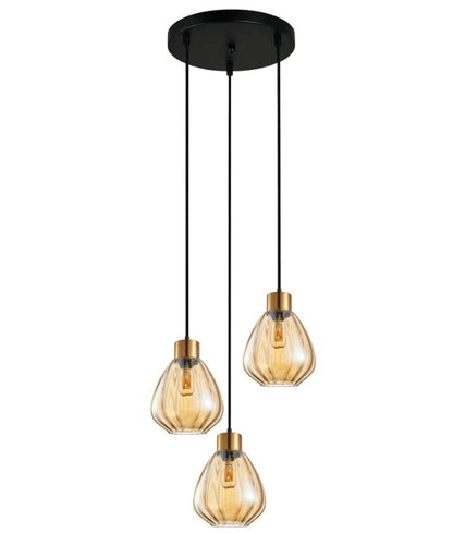 TULIP1X3R: Interior Bronze Amber Wine Glass Ribbed Multiple Round Base Pendant Light