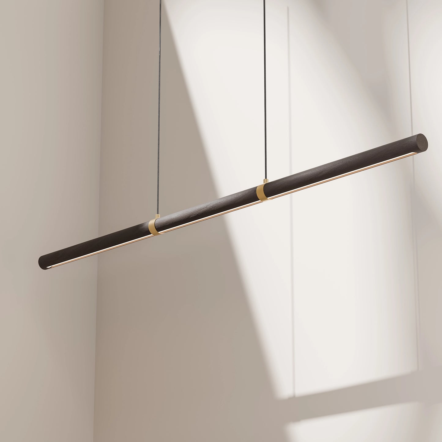Calibo Aquila 1500mm Timber Tubular LED Linear Pendant with Brass Finish Collar - Black Ash with Black
