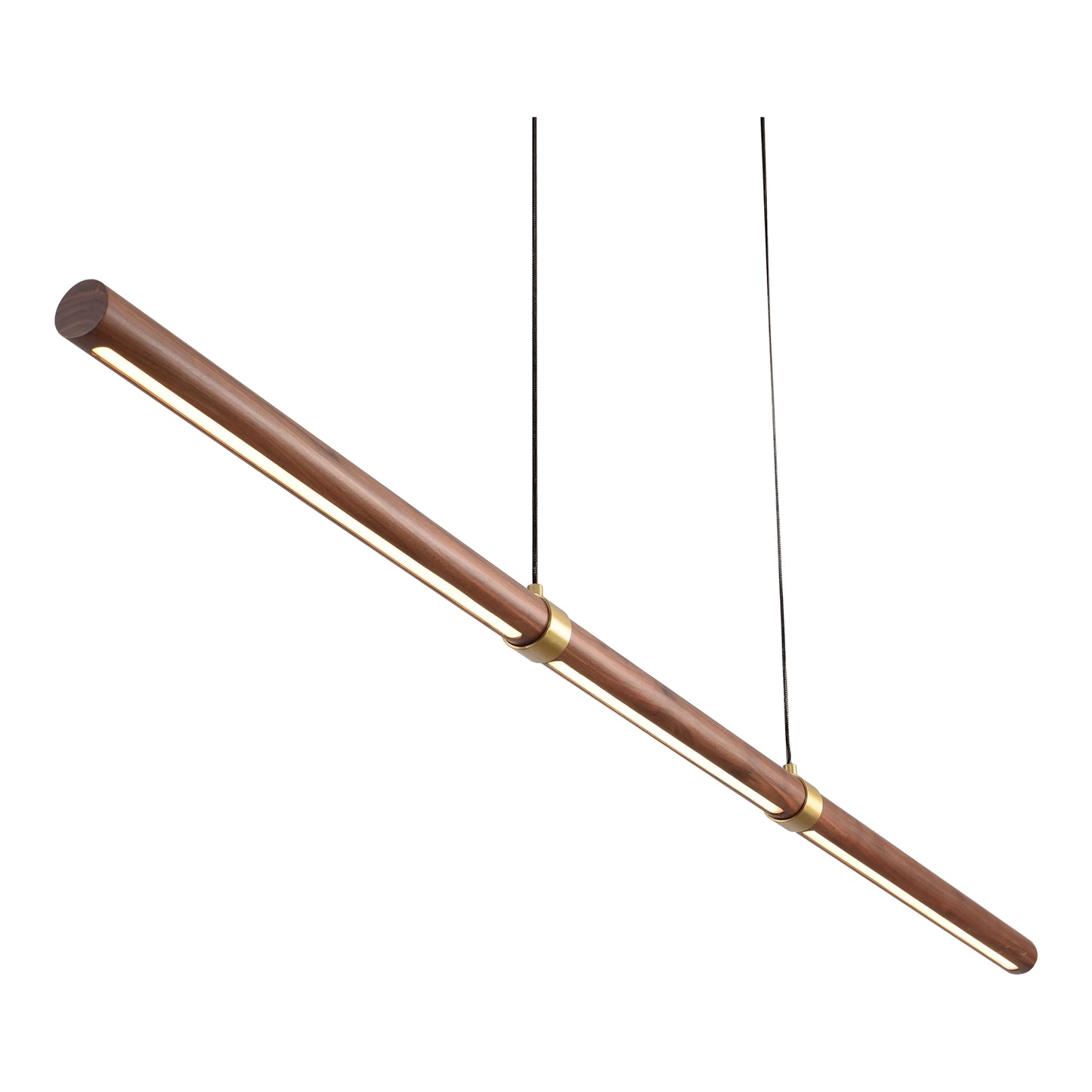 Calibo Aquila 1500mm Timber Tubular LED Linear Pendant with Brass Finish Collar - Walnut with Black