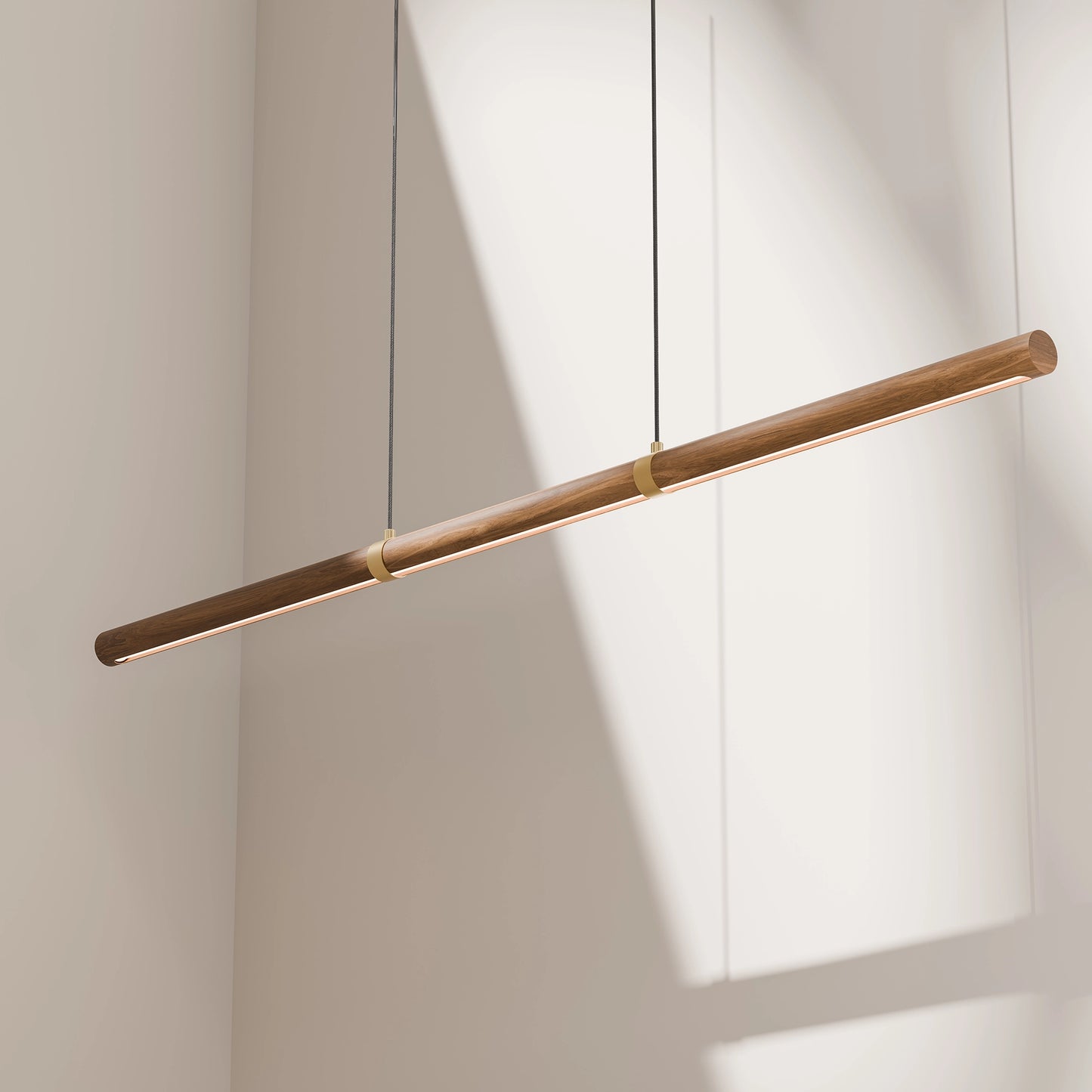 Calibo Aquila 1500mm Timber Tubular LED Linear Pendant with Brass Finish Collar - Walnut with Black
